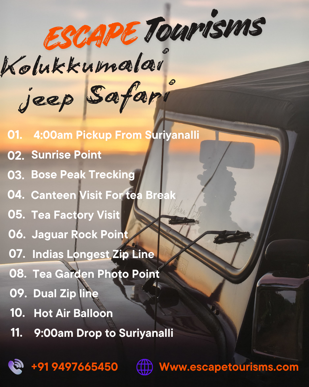 Kolukkumalai jeep safari and sunrise tour with Bose Peak trekking, tea factory visit and zipline adventure