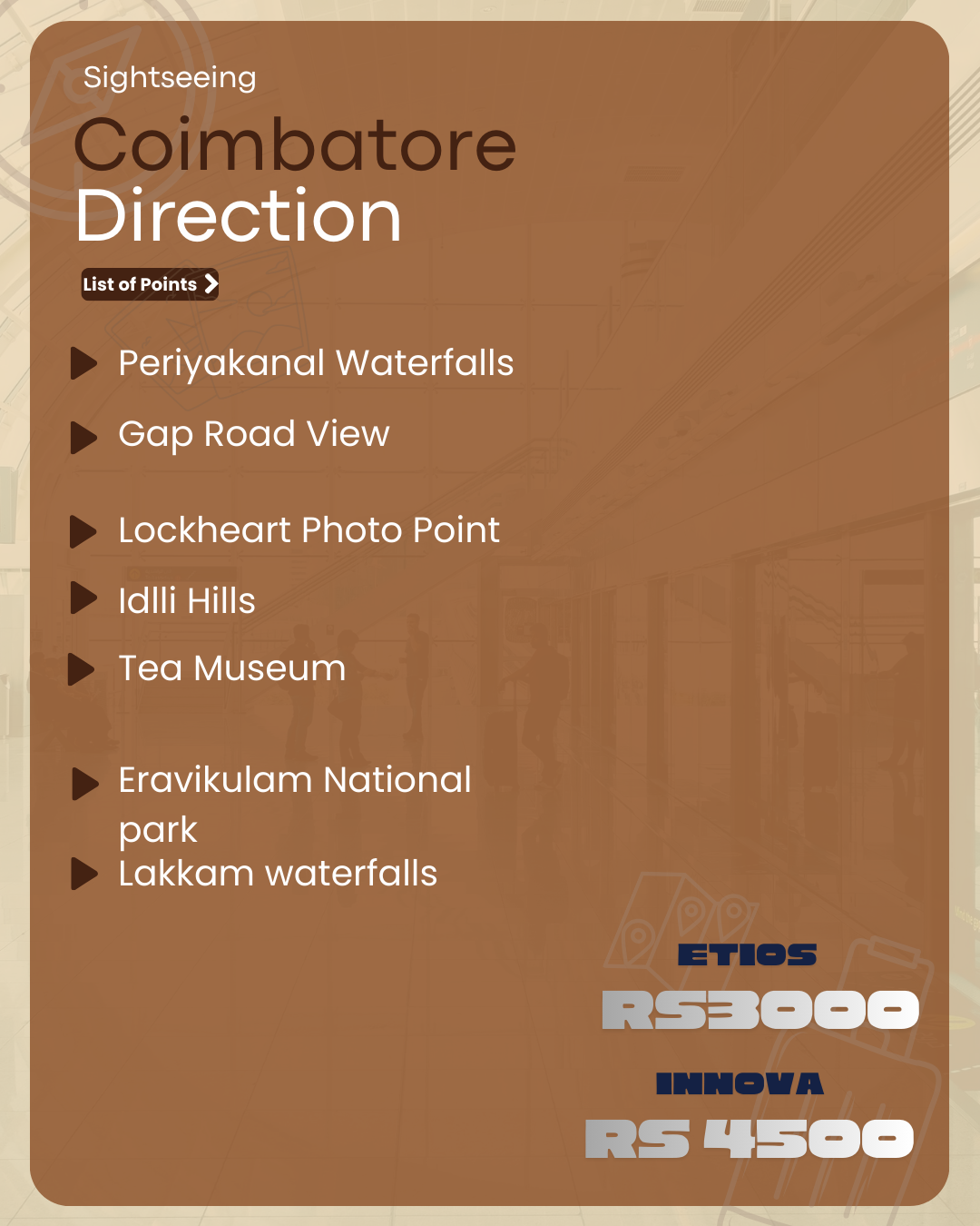 Coimbatore to Munnar sightseeing places including Periyakanal waterfalls, Gap Road view, Eravikulam National Park and Lakkam waterfalls