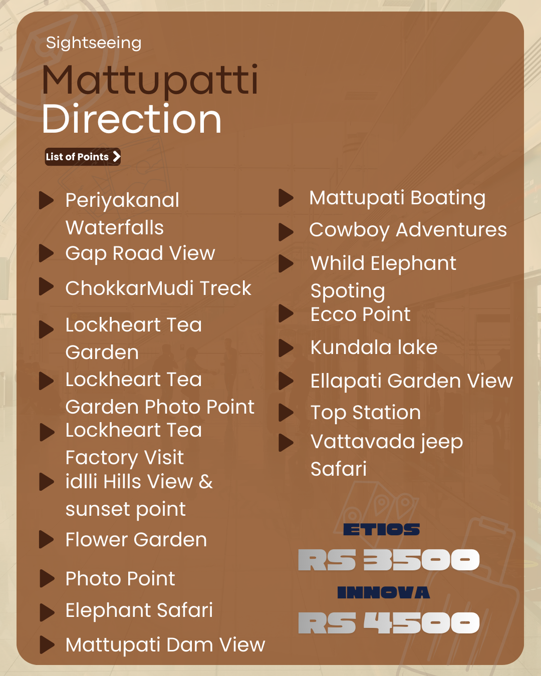 Mattupatti Dam sightseeing route covering Periyakanal waterfalls, Gap Road view, Lockheart Tea Garden and Top Station in Munnar